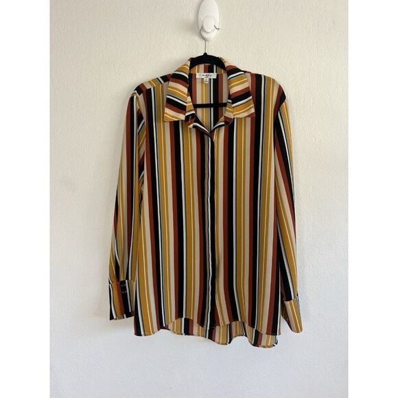 Moa Moa Tops - Moa Moa Vintage Striped Textured Multicolored Long Sleeve Button Up Blouse 3X
